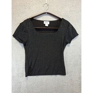 VTG JBS Black Sparkle Square Neck Short Sleeve Top Women's Size S Made in USA